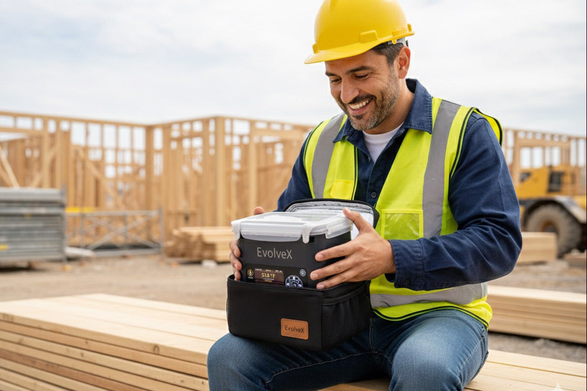 Man in high-visibility clothing holding an Evolvex cooler at a construction site.